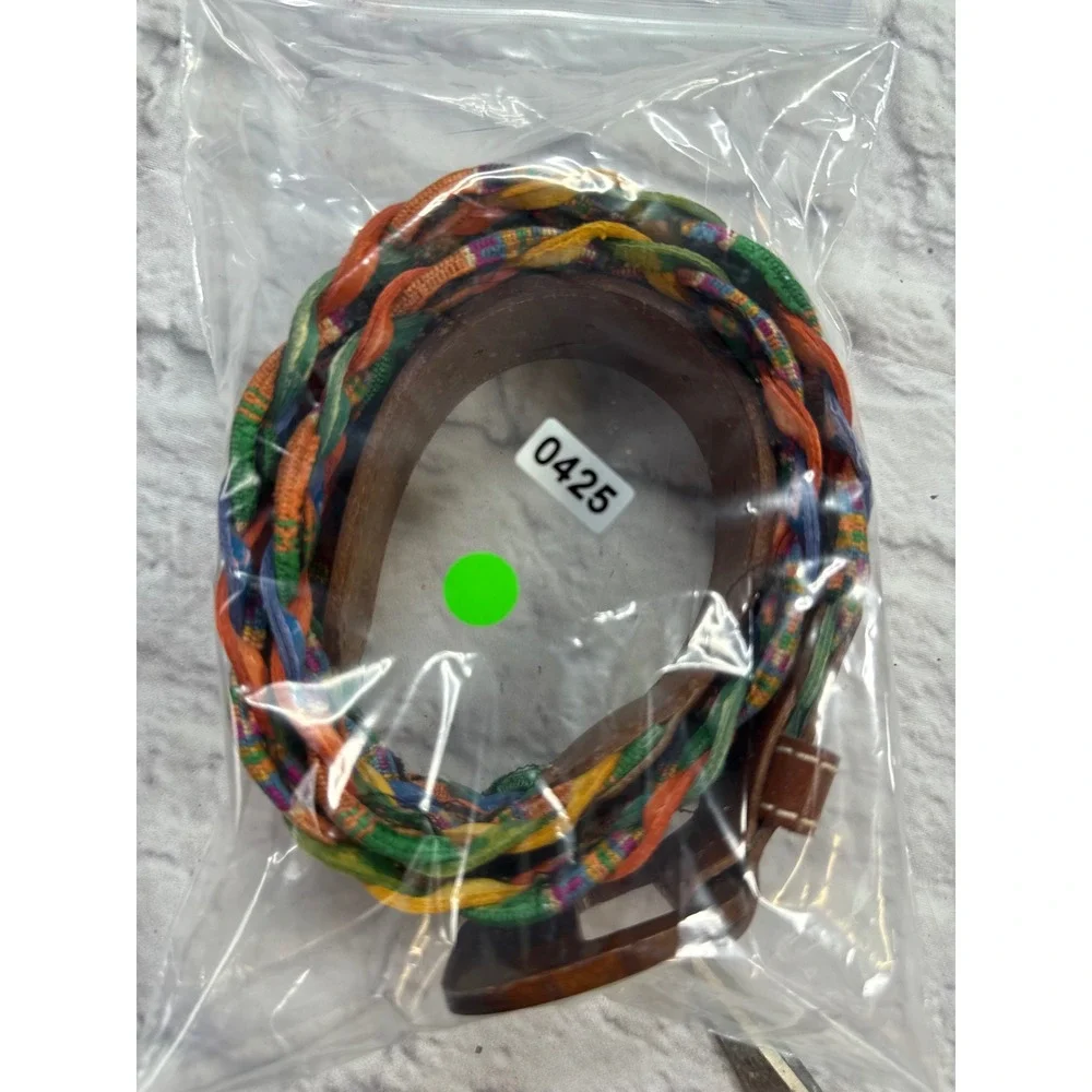 Express Braided Belt Womens Medium Multi Color Leather Wood Buckle Italy
